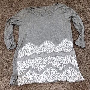 Vanity Gray‎ Tunic Top Long Sleeve Lace Trim Casual Blouse Womens Size L